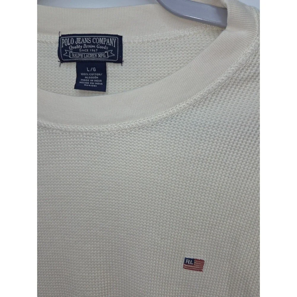 Polo Jeans Co Ralph Lauren Mens Large Thermal Shirt Waffle Knit Cream Flag Y2K